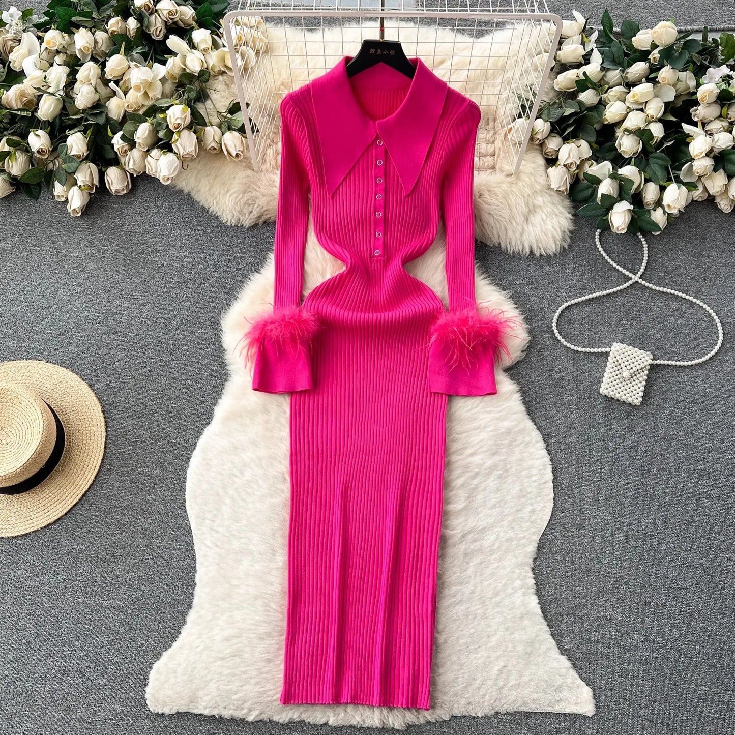 YuooMuoo Chic Fashion Long Sleeved Bodycon Dress with Fur Women Turn-down Collar Slim Elastic Long Knitted Dress Sweater Vestido