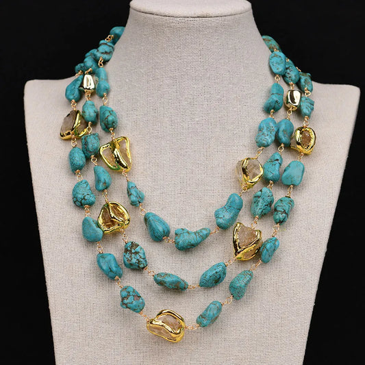 G-G 3 Rows Natural Stone Freedom Blue Turquoise Yellow Citrine Gold Plated Nugget Necklace