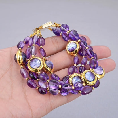 GuaiGuai Jewelry 4Rows Natural Purple Amethysts Rough With Electroplated Edge Purple Murano Glass Bracelet 8" For Women