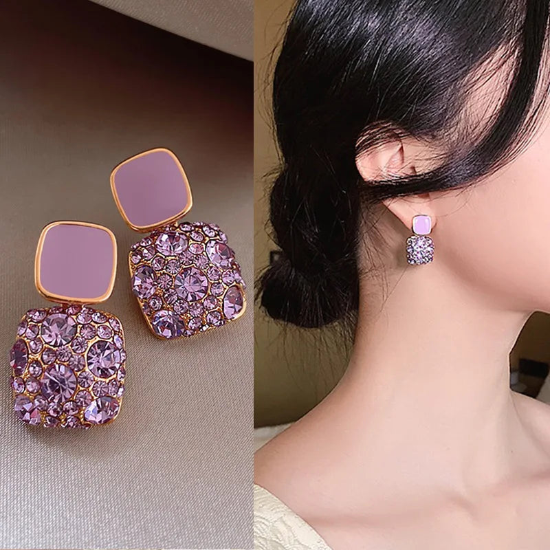 New Vintage Purple Shiny Crystal Geometric Women Earrings Contracted Sweet Lovely Fine Shiny Drop Earrings Jewelry-7298