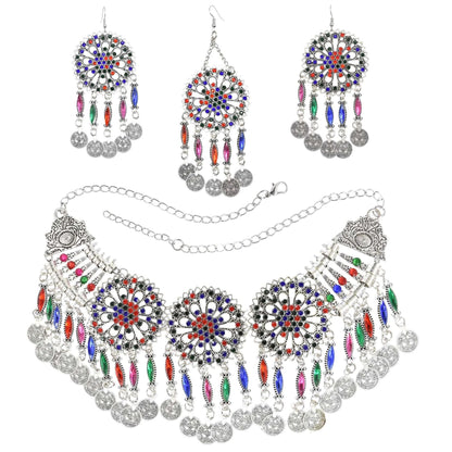 Gypsy Turkish Tribal Colorful Rhinestone Coins Necklace Earrings for Women Boho Pakistan Afghan Dress Clothes India Jewelry Sets