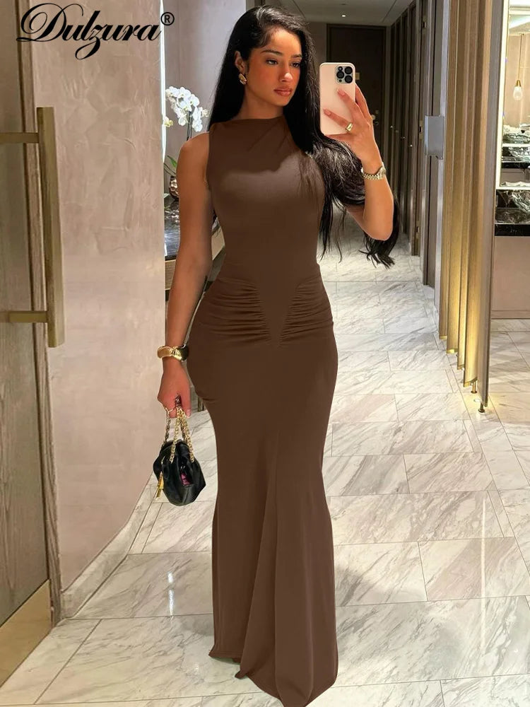 Dulzura Elegant Long Dress Ruched Bodycon Sleeveless Solid Dresses Lady Cocktail Party Wedding Guest Formal Women Clothes 2025