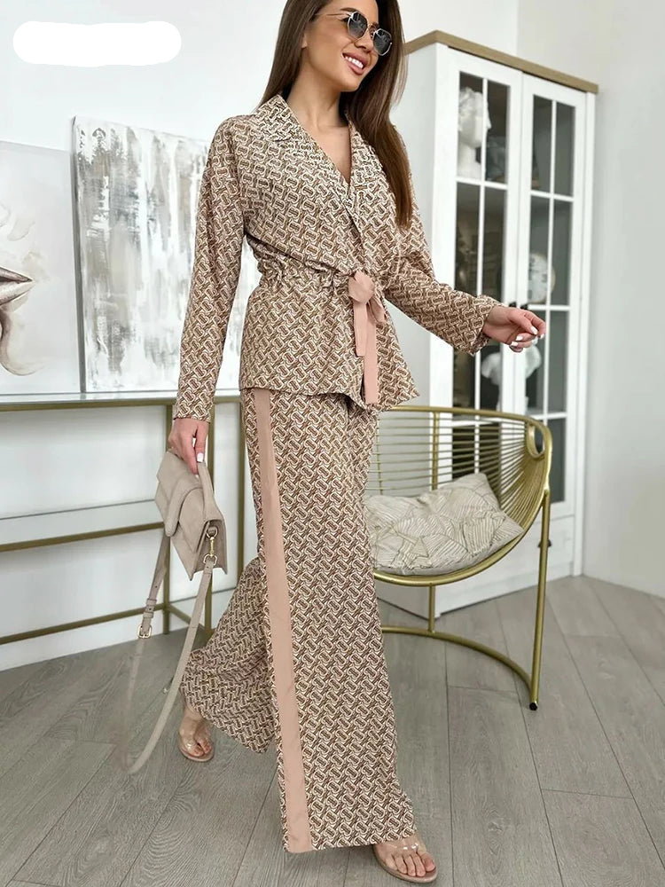 Spring Street Print Wide Leg Pants Suits Casual Belt Notched Neck Shirts High Waist Pants Two Piece Sets Women Elegant Suit