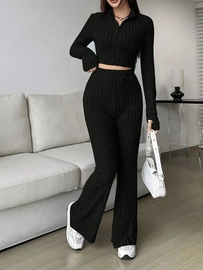 Short Style Zip Rib Knit Tops Long Pants Suit Women Casual Long Sleeve T-shirt & Slim Trousers 2 Piece Sets Autumn Women Sets