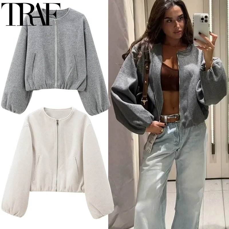 Outerwears Cropped Bomber Jacket Women Autumn Long Sleeve Faux Wool Coats For Woman Winter Zip Up Gray Beige Short Coats