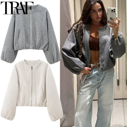 Outerwears Cropped Bomber Jacket Women Autumn Long Sleeve Faux Wool Coats For Woman Winter Zip Up Gray Beige Short Coats