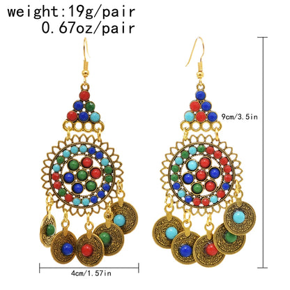 Traditional Gypsy Afghan Boho Ethnic Coins Jewelry Sets Colorful Acrylic Rhinestone Earrings Bracelet Hair Accessories for Women