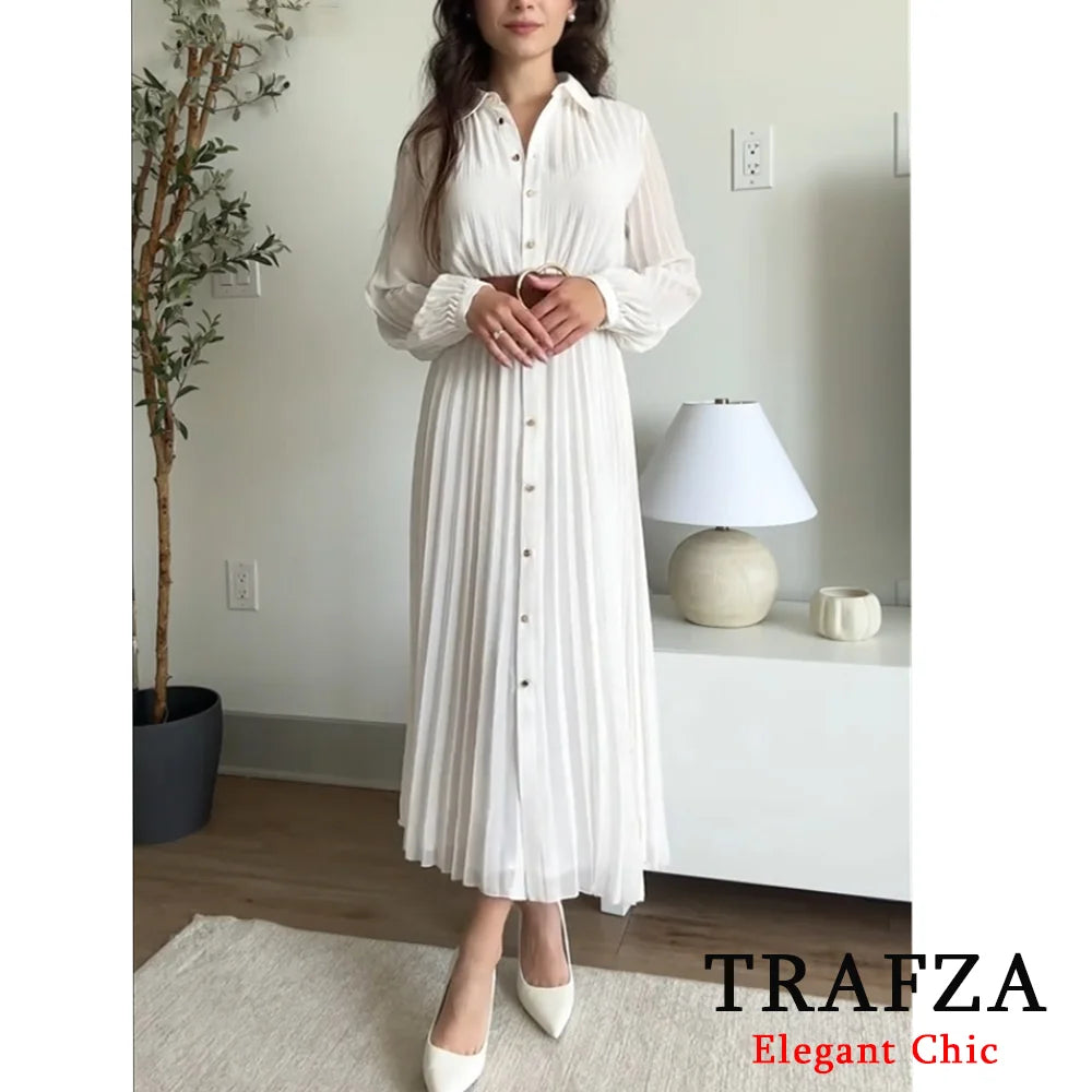 Autumn Women's Clothing New 2025 Spring Fall Temperament Elegant With Belt Midi Pleated Shirt Dress 8372/089