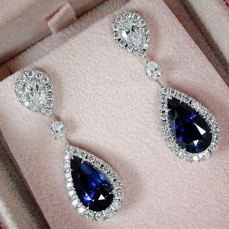 Ladies Blue White Water Drop Shaped Crystal Rhinestone Zircon Metal Dangle Earring for Women Party Jewelry