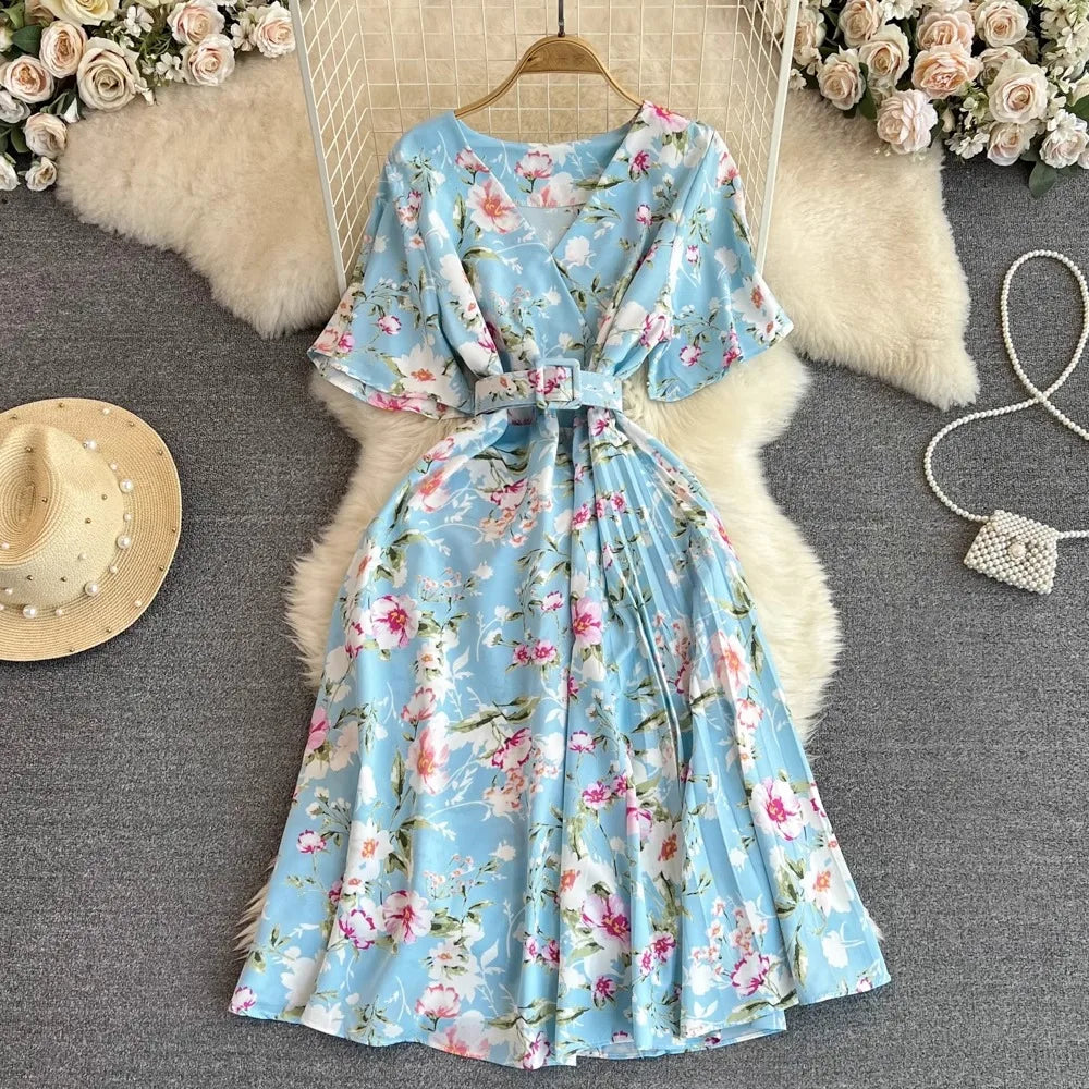 Floral Print V-Neck Long Party Dress with Belt Lady Outfits Vestidos