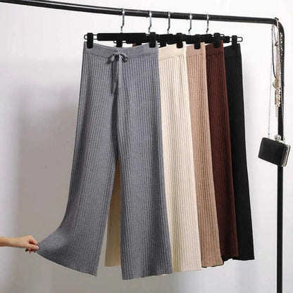 Women Wide-leg Knit Trousers Stylish Women's High Waist Drape Pants with Drawstring Ribbed Straight Wide Leg Design Solid Color