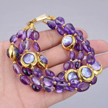 GuaiGuai Jewelry 4Rows Natural Purple Amethysts Rough With Electroplated Edge Purple Murano Glass Bracelet 8" For Women