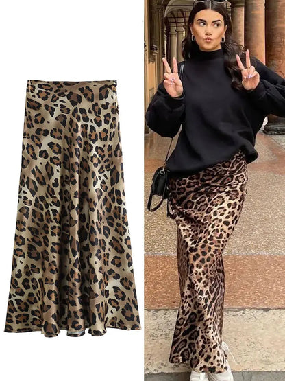 Women Fashion Leopard Print Skirt Vintage High Waist Midi Skirts Elegant Women Summer Casual Streetwear Skirt