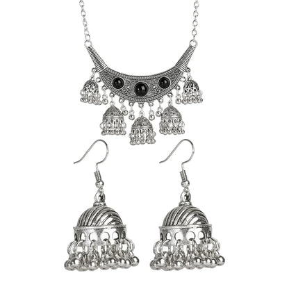 Fashion Indian Women Luxury Jewelry Set Charm Afghan Metal Small Bell Jhumka Earrings&Necklace Set Femmes Wedding Gift