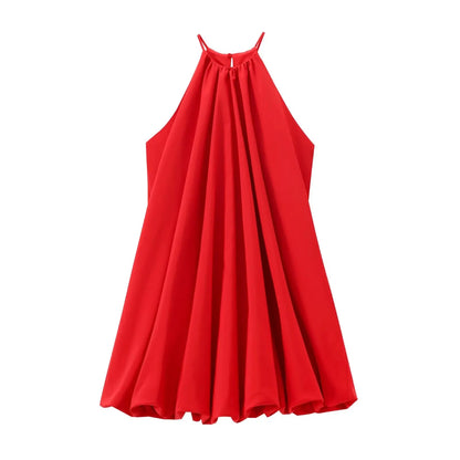 TRAFZA Sexy Chic Red Halter Mini Dress Women Fashion 2024 Summer Beach Bubble Dress Elegant Women Party Dress