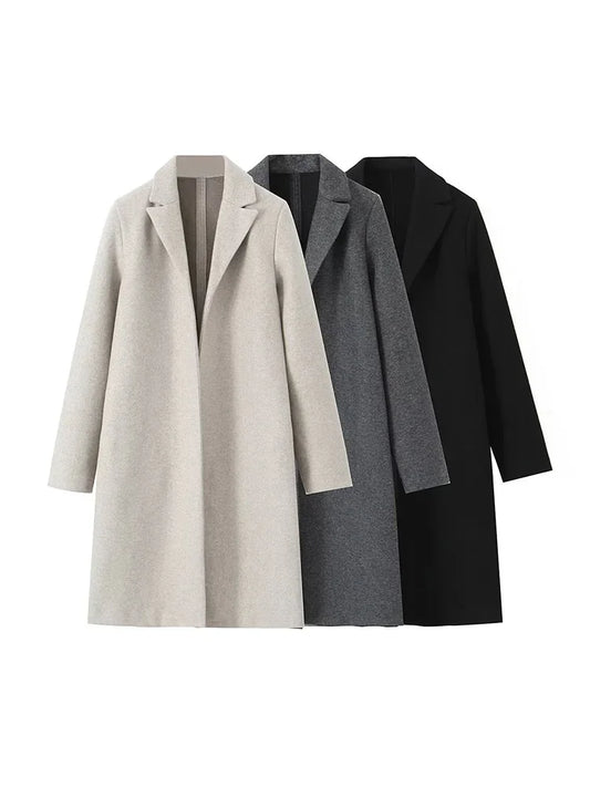 Women Fashion Solid Open Stitch Long Trench Coats Vintage V-Neck Full Sleeves Female Chic Lady Outfits