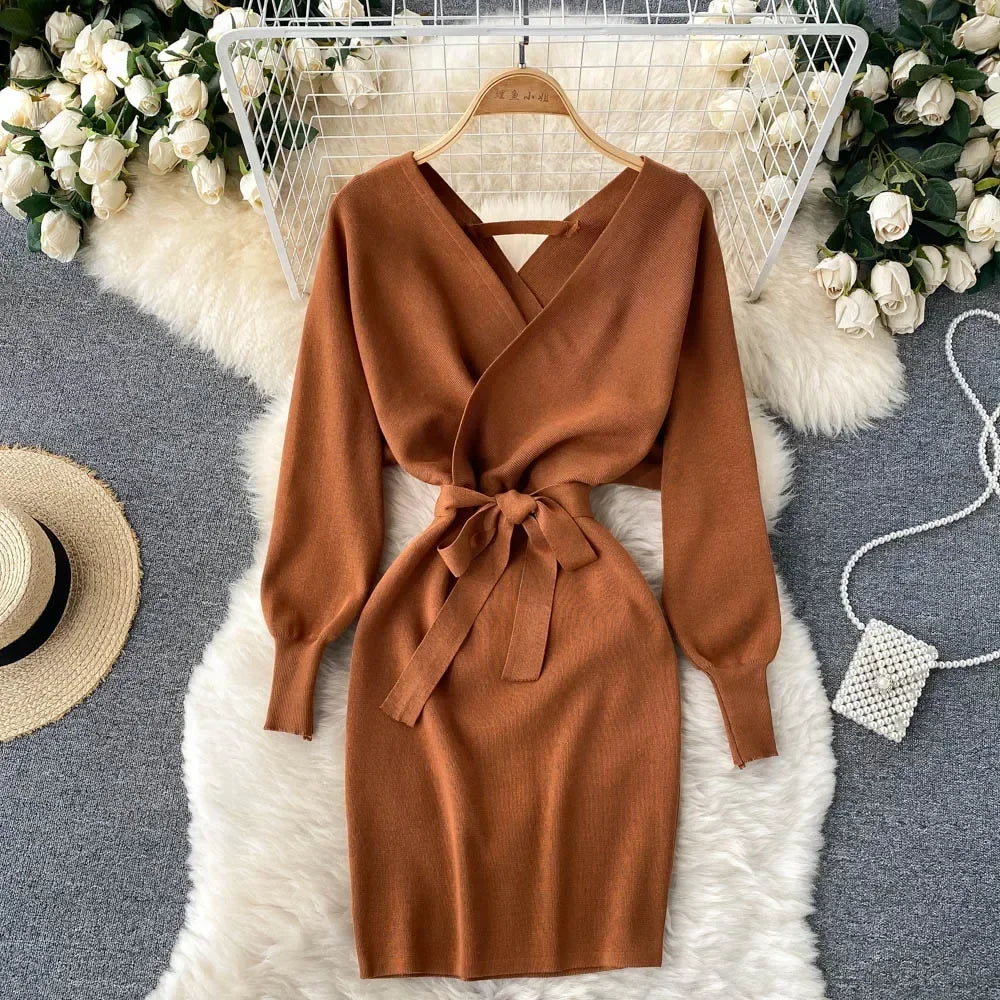 New Autumn Winter Women Knitted Sweater Dress Korean Long Batwing Sleeve V Neck Elegant Dress Ladies Bandage Dress GD792