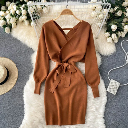 New Autumn Winter Women Knitted Sweater Dress Korean Long Batwing Sleeve V Neck Elegant Dress Ladies Bandage Dress GD792