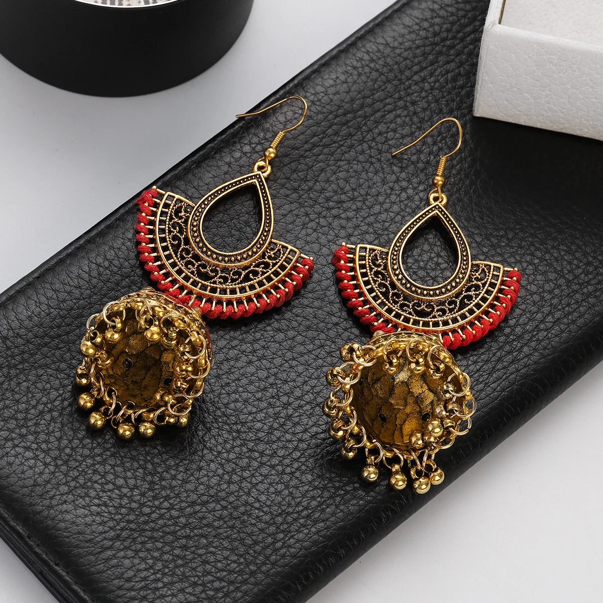 New Fashion Red Rope Water Drop Hollow Earrings Women's Ethnic Gold Plated Bell Tassel Crystal Earrings Gypsy Afghan Jewelry