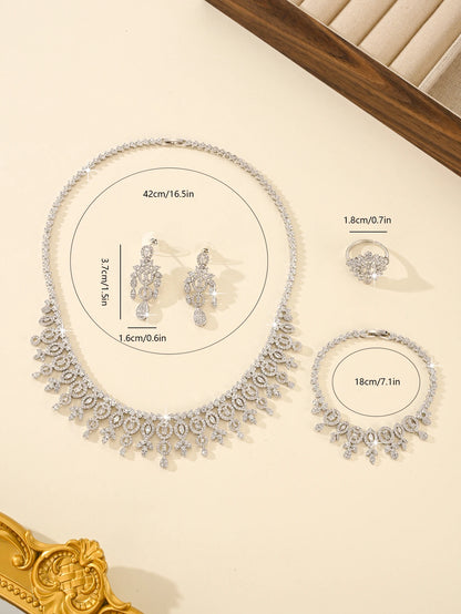 Luxury 4-piece Platinum Plated Bridal Wedding Set with Zircon Leaf Flower Design Women's Necklace Bracelet Earrings