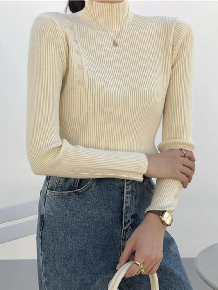 Women Knitted Sweater Long Sleeve Button Turtleneck Slim Pullovers for Autumn Winter Female Sweaters Soft Warm Bottoming Tops