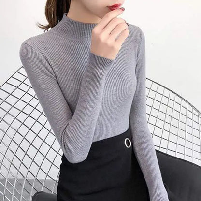 Autumn Winter Mock Neck Women Sweater Vintage Basic Solid Knitted Tops Casual Slim Pullover Korean Sweaters Simple Chic Jumpers