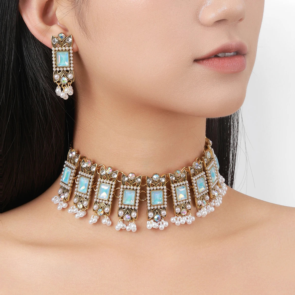 Luxury Blue Crystal Geometric Necklace Earrings Sets Bride Exquisite Zircon Pearl Tassel Necklace Women Wedding Banquet Jewelry