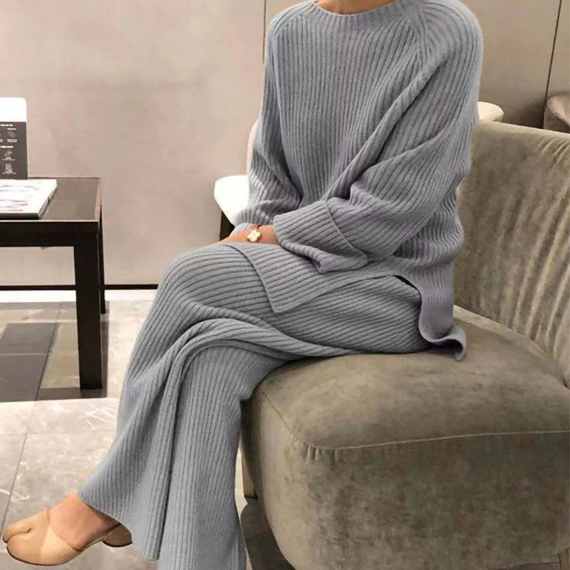 New Autumn Winter Basic Knitted Women Home Suit Loose Solid Color Sweater Pullover Wide Leg Pants 2 Pieces Set Female Clothing