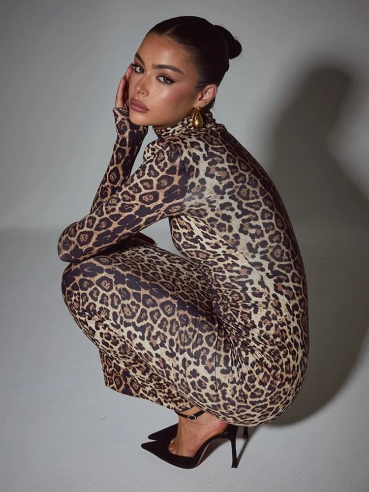 Leopard Animal Print Long Sleeve Sexy Turtle Neck Bodycon Long Maxi Dress For Women