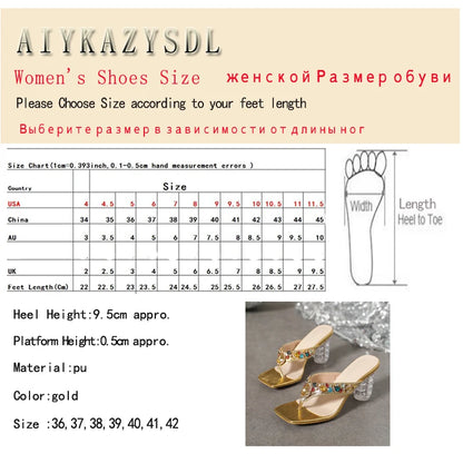 Gold Thong Clip Toe Slippers Slippers Slides Crystal Rhinestone Sandals Women Transparent Clear Square Heel