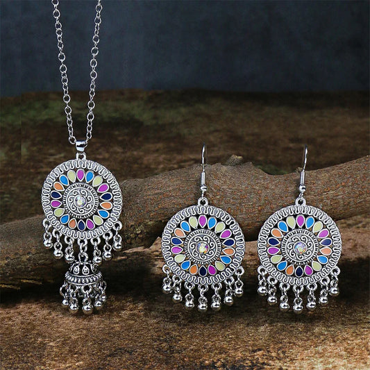 Boho Women Colorful Flower Round Earring Set Indian Jhumka Necklace for Ladies Retro Antique Silver Plated Beads Tassel Jewelry