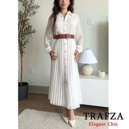 Autumn Women's Clothing New 2025 Spring Fall Temperament Elegant With Belt Midi Pleated Shirt Dress 8372/089