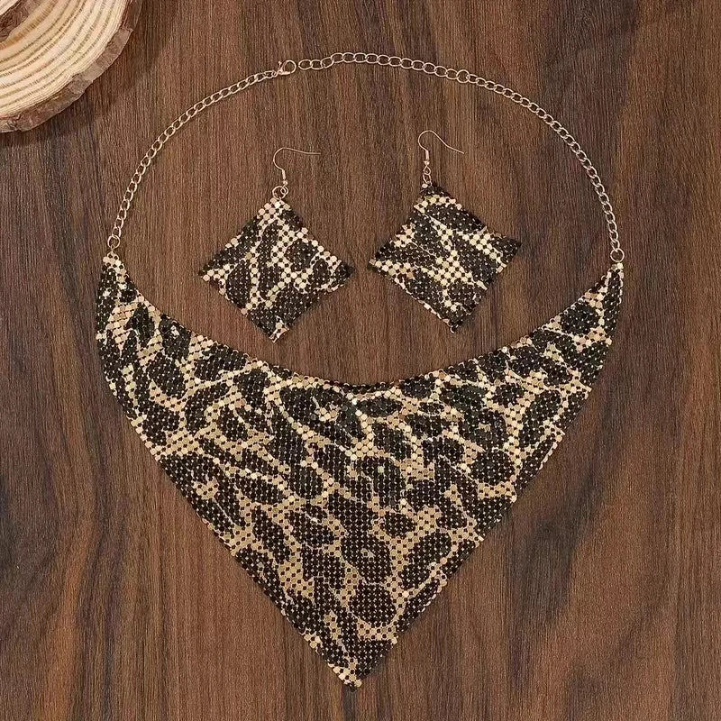 Fashion Leopard Print Jewelry Set, 3pcs, Sexy Bib Necklace & Dangle Earrings, Vintage Elegant Design, Versatile Stylish Accessor