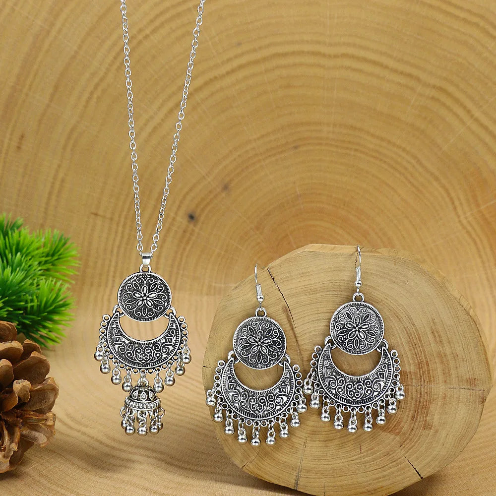 Boho Women Colorful Flower Round Earring Set Indian Jhumka Necklace for Ladies Retro Antique Silver Plated Beads Tassel Jewelry