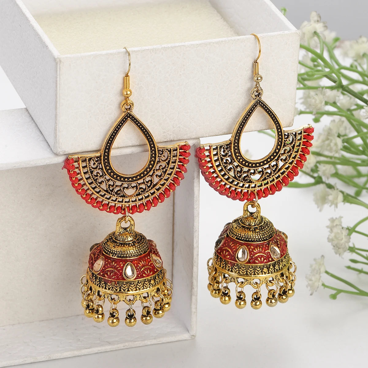 New Fashion Red Rope Water Drop Hollow Earrings Women's Ethnic Gold Plated Bell Tassel Crystal Earrings Gypsy Afghan Jewelry