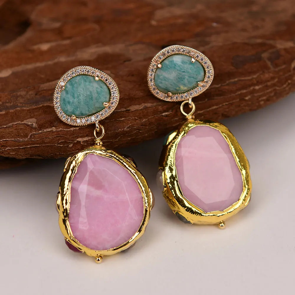 G-G Natural Red Rhodochrosite Gems Paved Mix Quartzs Gold Edge Plated Amazonite Stud Earrings For Women