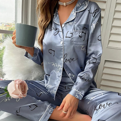 Women Silk Satin Pajamas set Long sleeve Shirt with Trouser Sleepwear Loungewear Female Pajamas Suits