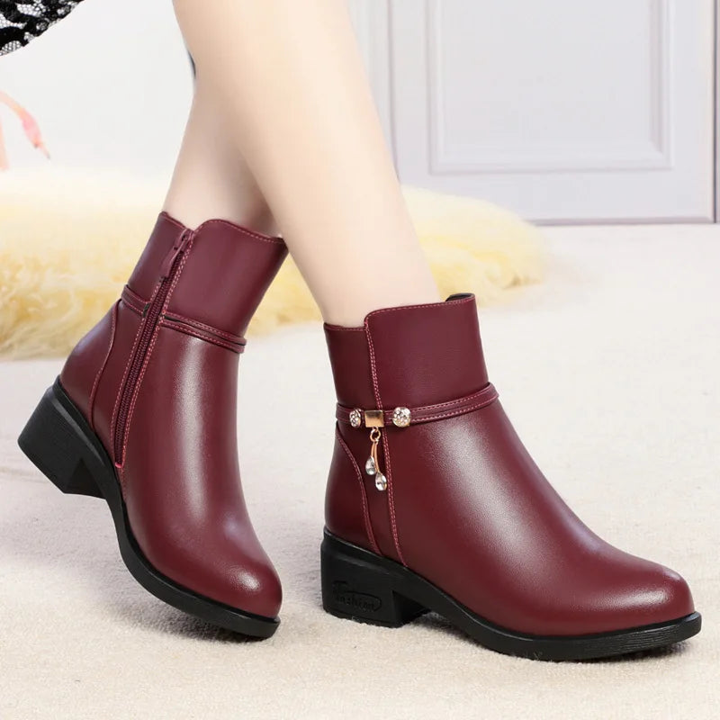 Women's Mother Female Genuien Leather Shoes Ankle Boots Winter Fur Plush Wool Warm Zipper