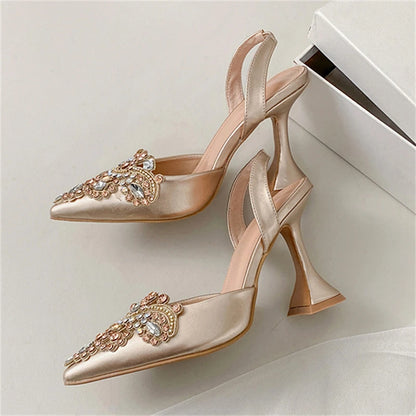 Spring Crystal Diamond Slingback Women Pumps Fashion Pointed Toe High Heels Shoes Elegant Wedding Party Zapatos De Mujer