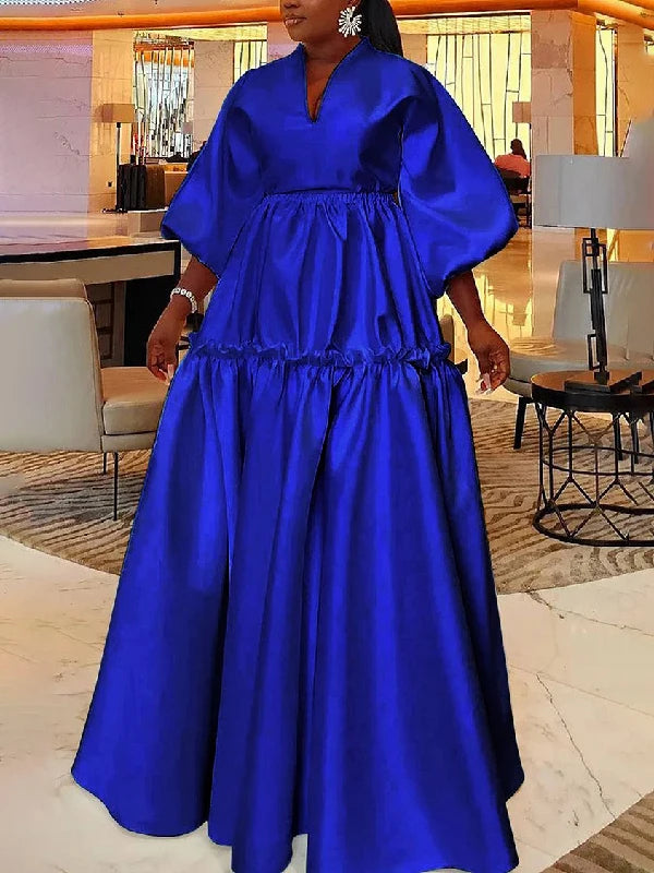 Women Minimalist Solid Color Puff Sleeves Falbala Party Evening Dress 2025 New Spring Autumn Loose Casual Maxi Dresses