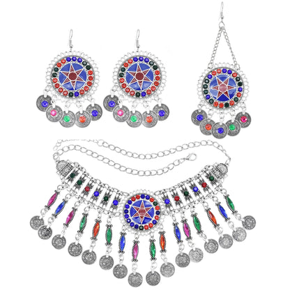 Gypsy Turkish Tribal Colorful Rhinestone Coins Necklace Earrings for Women Boho Pakistan Afghan Dress Clothes India Jewelry Sets