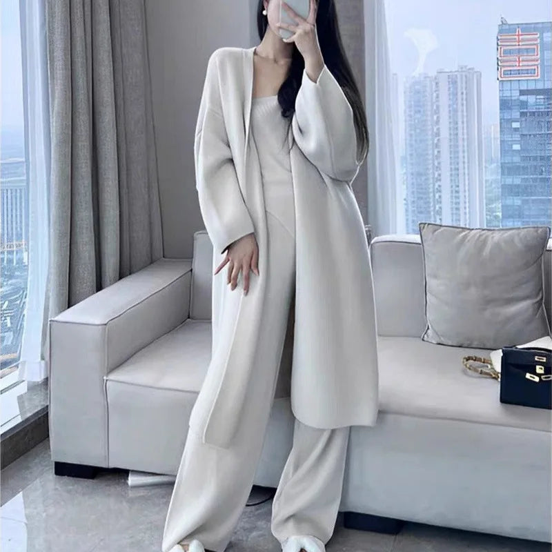 Elegant Women's Sets Casual Knit Cardigan Sweater Wide Leg Pants Fashion All Match Three Piece Set 2025 Autumn Winter C2360