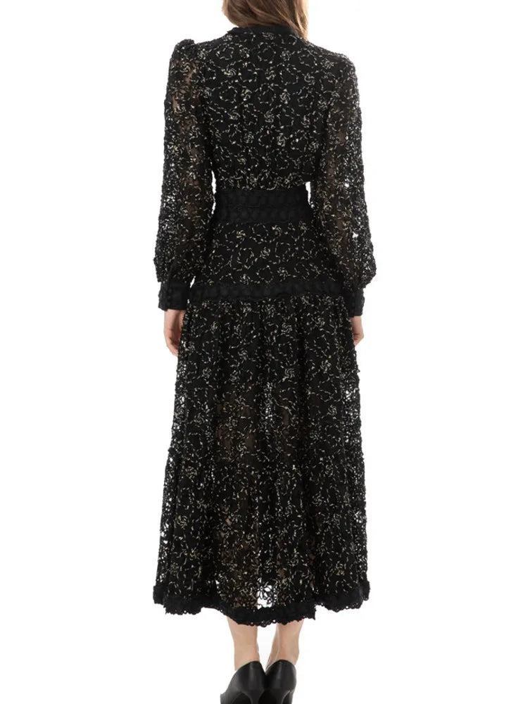 Hollow Out Embroidery Spliced Lantern Long Sleeve Black Big Swing  Lace Party Dresses For Women