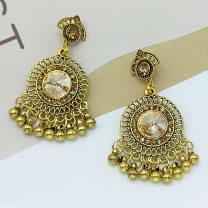 Vintage Round Inlaid Rhinestone Indian Earrings for Women Luxury Blue Crystal Bead Tassel Earrings Jhumka Jewelry Gift