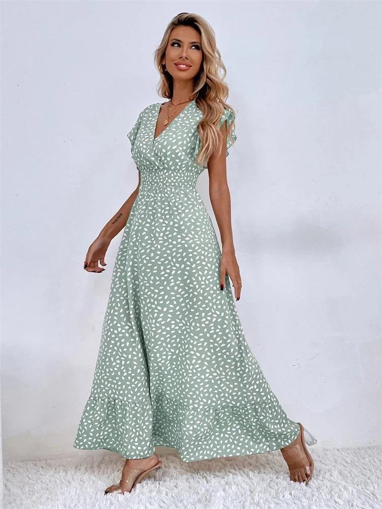 Eyellcart V-neck Lotus Leaf Edge Elegant Dress Women Spring Summer Printed Long Dress