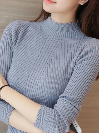 Autumn Women Mock Neck Ruffles Sweater Long Sleeve Knitted Bottoming Solid Pullovers Stripe Women Casual Sweater Winter