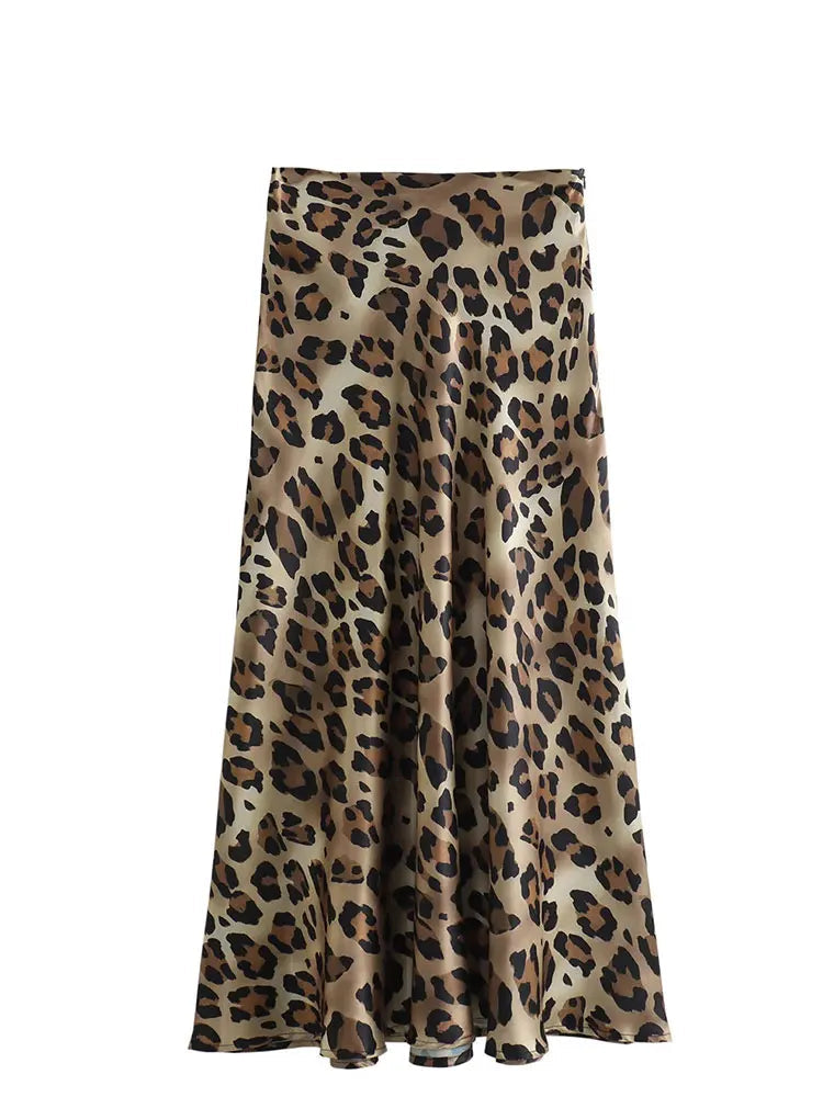 Women Fashion Leopard Print Skirt Vintage High Waist Midi Skirts Elegant Women Summer Casual Streetwear Skirt