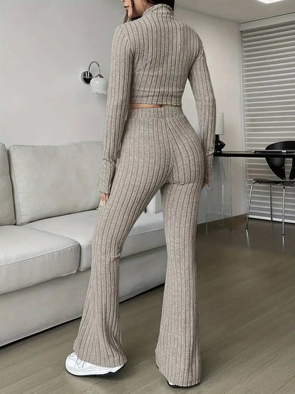 Short Style Zip Rib Knit Tops Long Pants Suit Women Casual Long Sleeve T-shirt & Slim Trousers 2 Piece Sets Autumn Women Sets