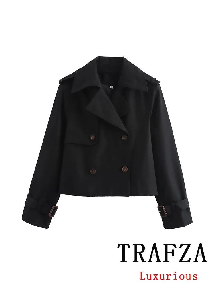 TRAFZA Vintage Casual Chic Women Jackets Solid Double Breasted Turn-down Collar Long Sleeve Short Coat Fashion 2024 Autumn Coat