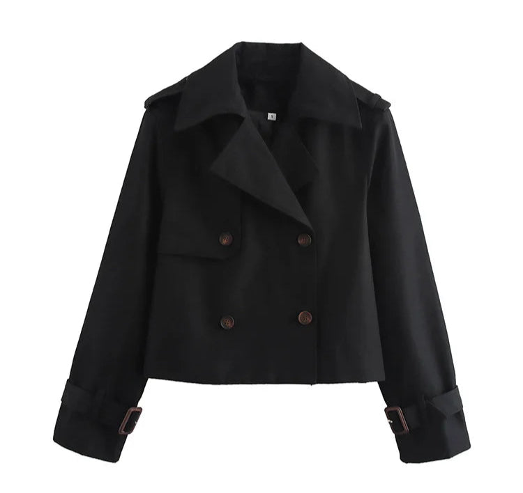 Women Vintage Casual Chic Solid Double Breasted Turn-down Collar Long Sleeve Short Coat  Jackets